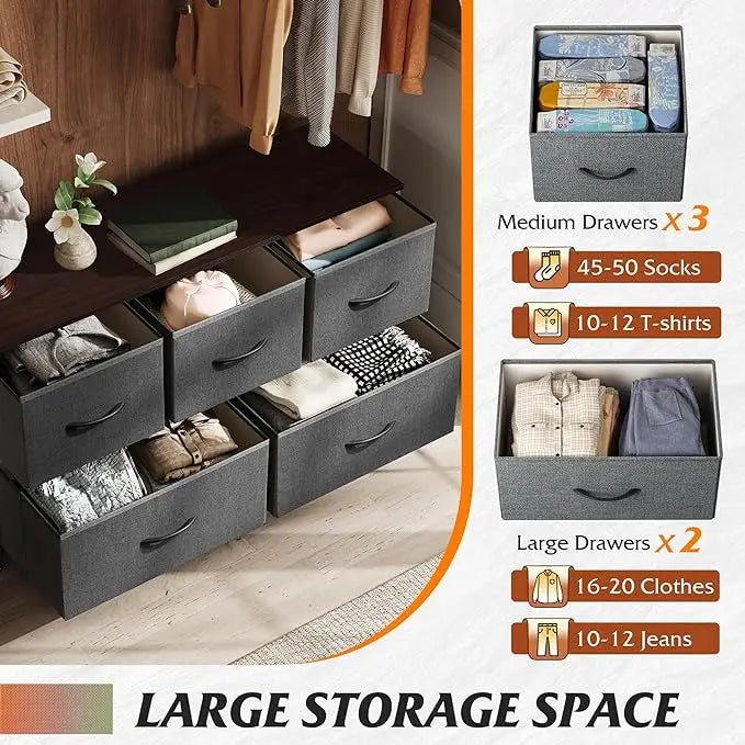 Dresser for Bedroom with 5 Drawers, Wide Chest of Drawers, Fabric Dresser, Storage Organizer Unit with Fabric Bins for Closet, L