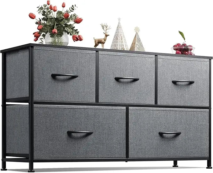 Dresser for Bedroom with 5 Drawers, Wide Chest of Drawers, Fabric Dresser, Storage Organizer Unit with Fabric Bins for Closet, L