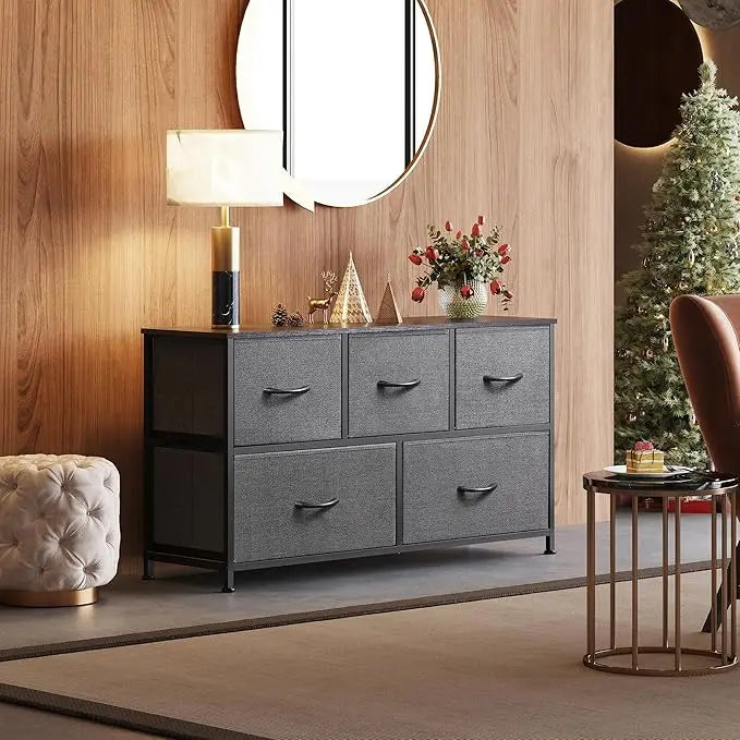 Dresser for Bedroom with 5 Drawers, Wide Chest of Drawers, Fabric Dresser, Storage Organizer Unit with Fabric Bins for Closet, L