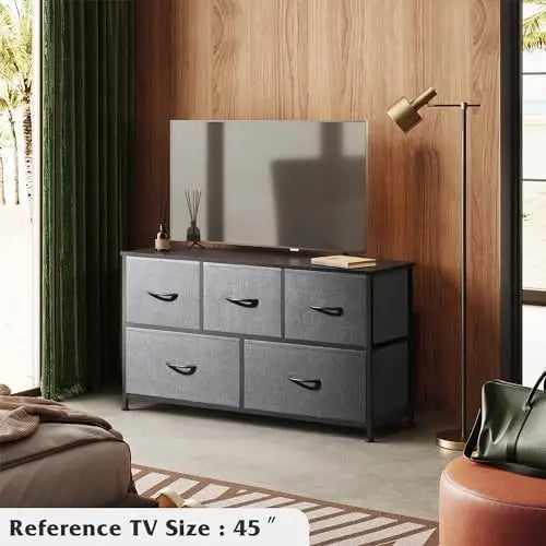 Dresser for Bedroom with 5 Drawers, Wide Chest of Drawers, Fabric Dresser, Storage Organizer Unit with Fabric Bins for Closet, L