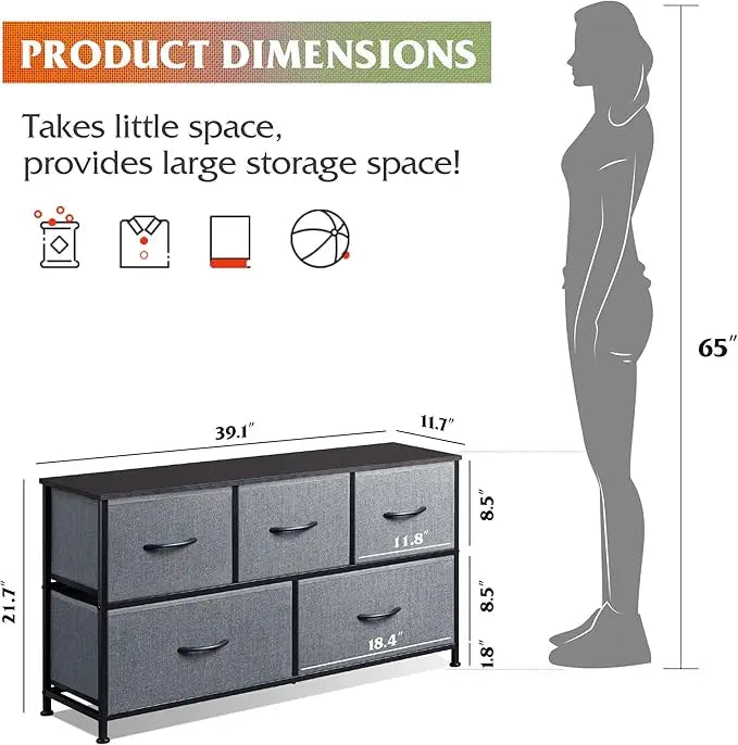Dresser for Bedroom with 5 Drawers, Wide Chest of Drawers, Fabric Dresser, Storage Organizer Unit with Fabric Bins for Closet, L