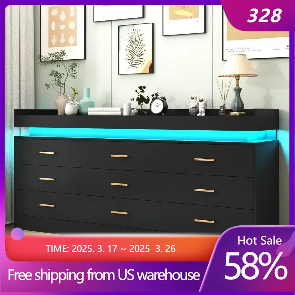 Modern Dresser 9 Drawer with LED Light,Wide Drawer Organizer Cabinet for Bedroom Living Room Chest for Closet of Wood Drawers