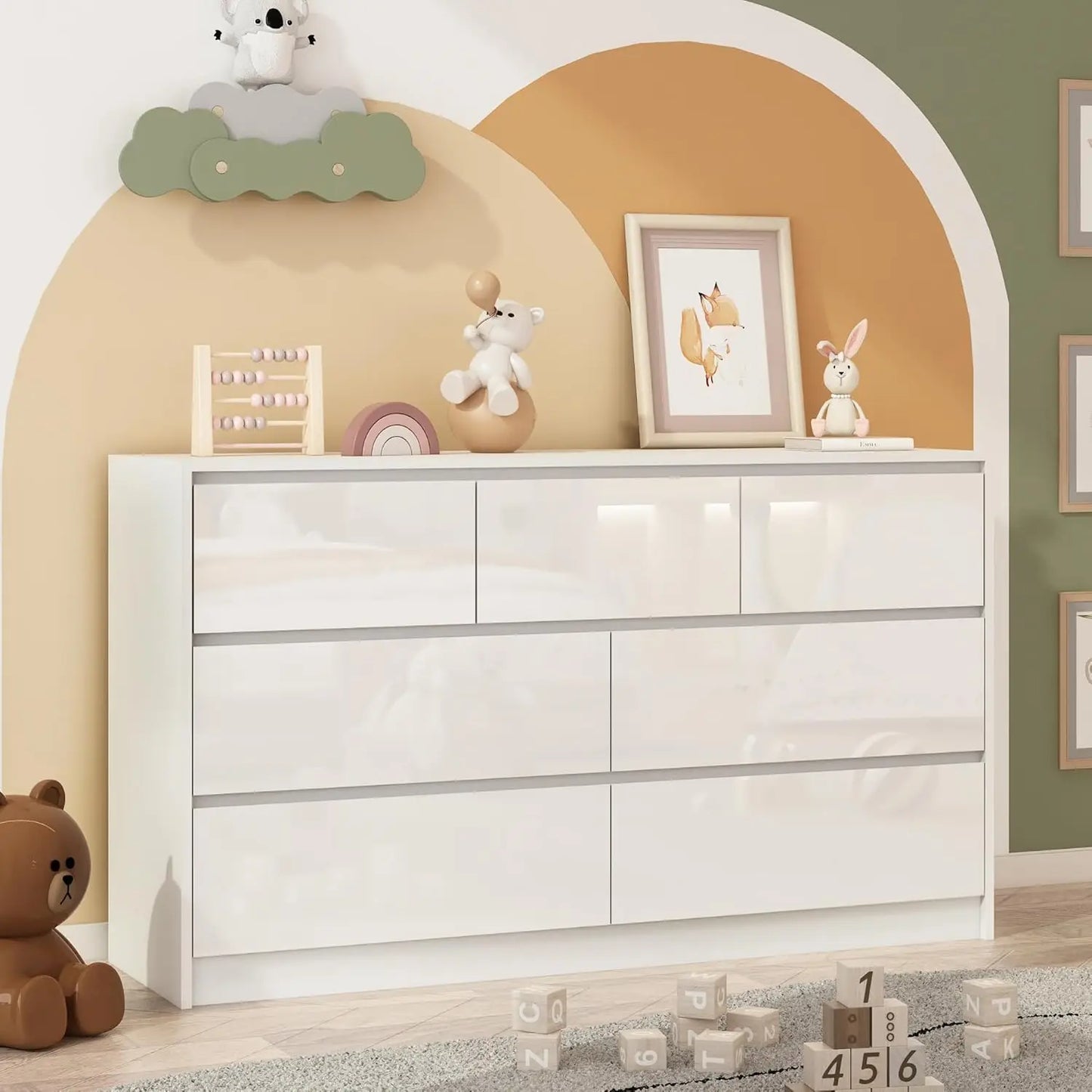 White for Bedroom, 55 Inch Long Dresser High Gloss Dresser with 7 Drawers, Modern Large Wood Chest of Drawer Handle