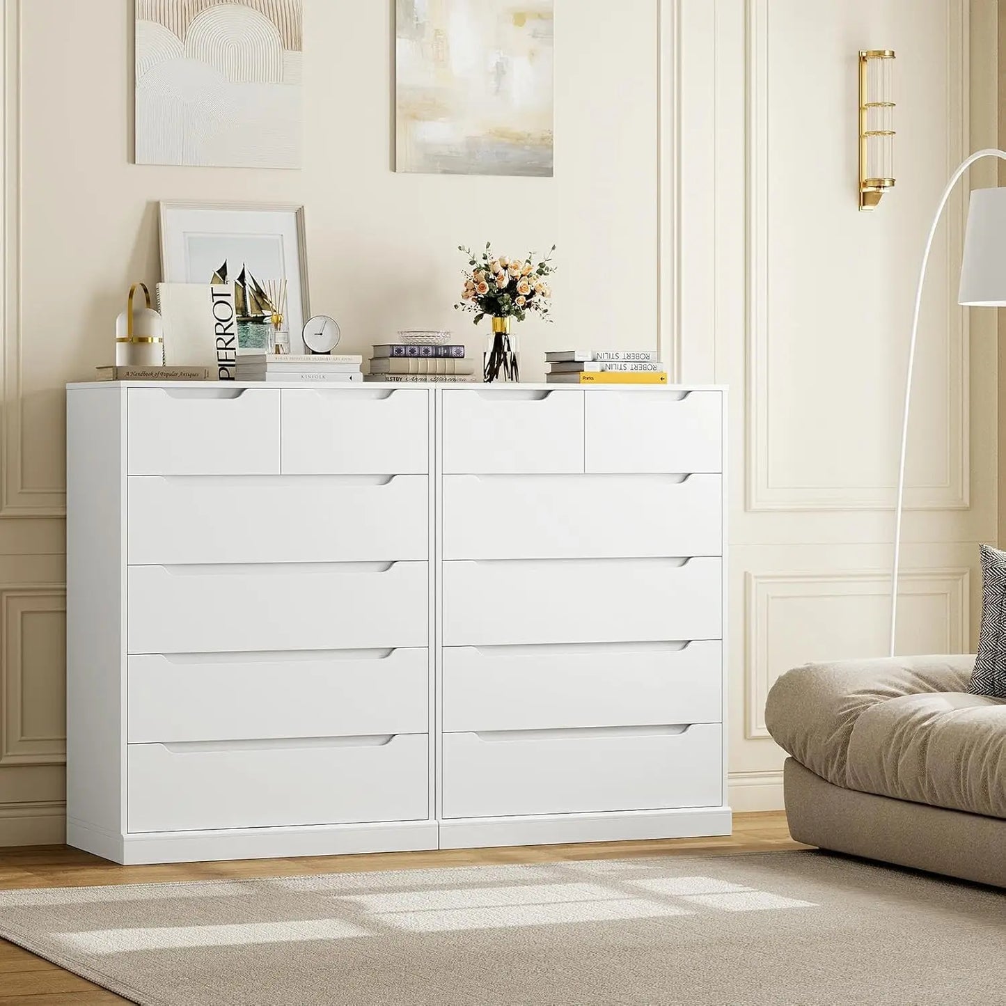 Modern 6 Drawer Dresser for Bedroom, Tall Chest of Drawers with Storage, Large Wood Storage Chest Organizer with Cut-Out