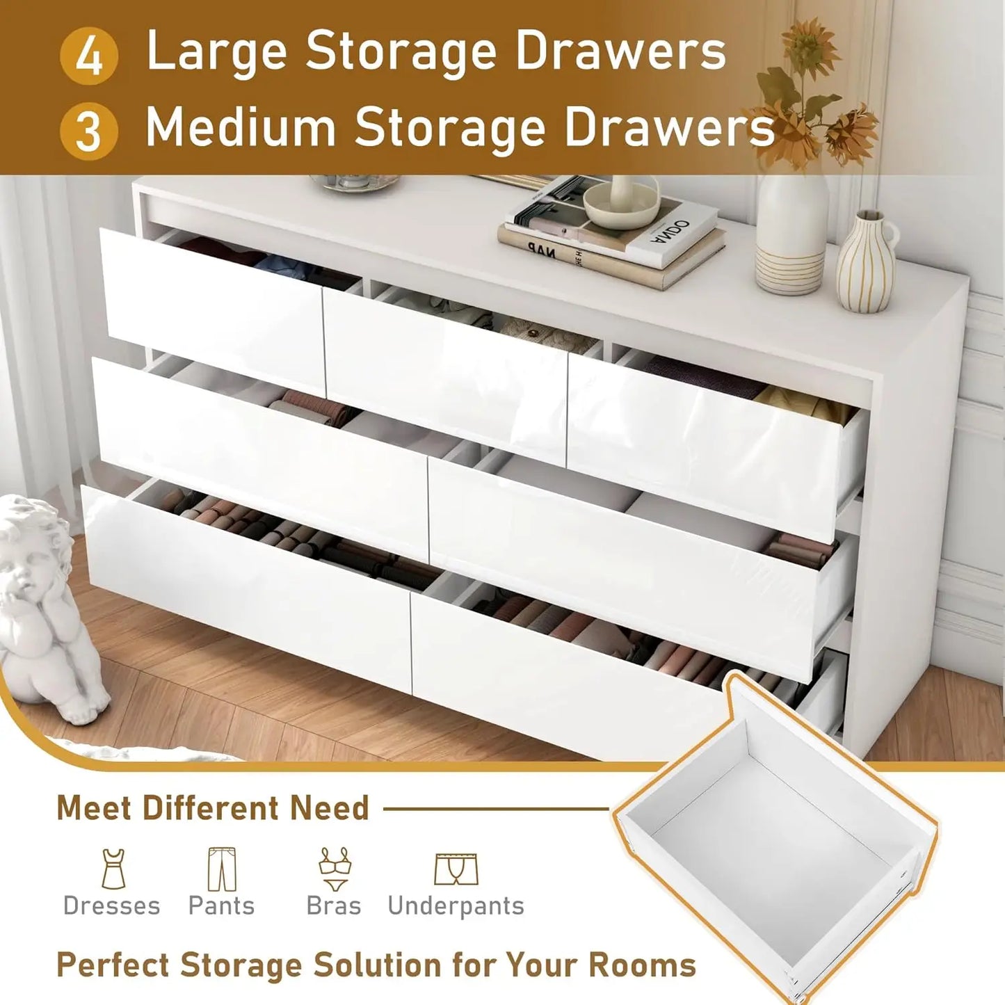 White for Bedroom, 55 Inch Long Dresser High Gloss Dresser with 7 Drawers, Modern Large Wood Chest of Drawer Handle