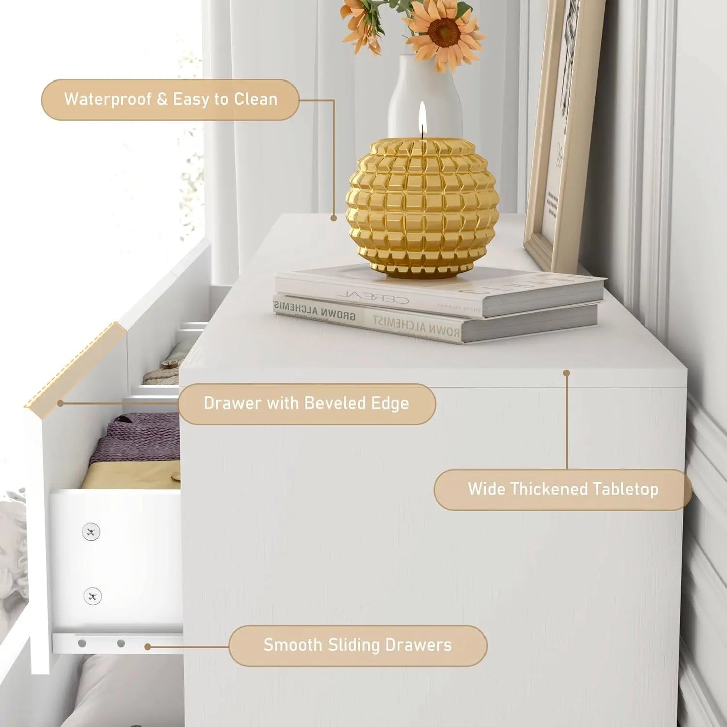 White for Bedroom, 55 Inch Long Dresser High Gloss Dresser with 7 Drawers, Modern Large Wood Chest of Drawer Handle