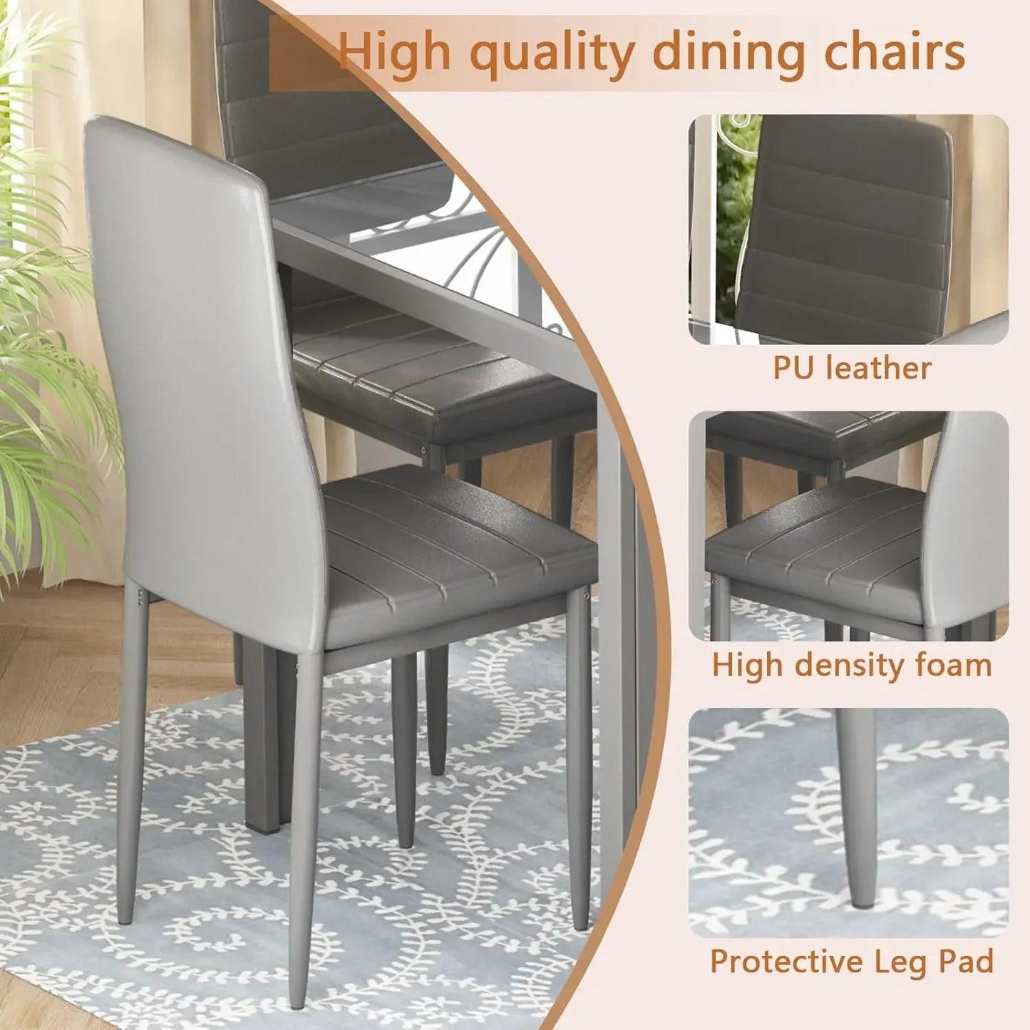 Piece Kitchen 6 Person, Tempered Glass Table and PU Leather Chairs Modern Dining Room Sets for Small Space, Grey