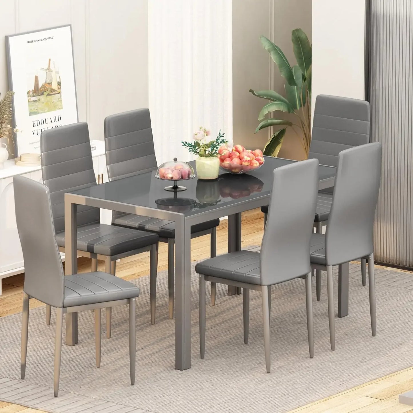 Piece Kitchen 6 Person, Tempered Glass Table and PU Leather Chairs Modern Dining Room Sets for Small Space, Grey