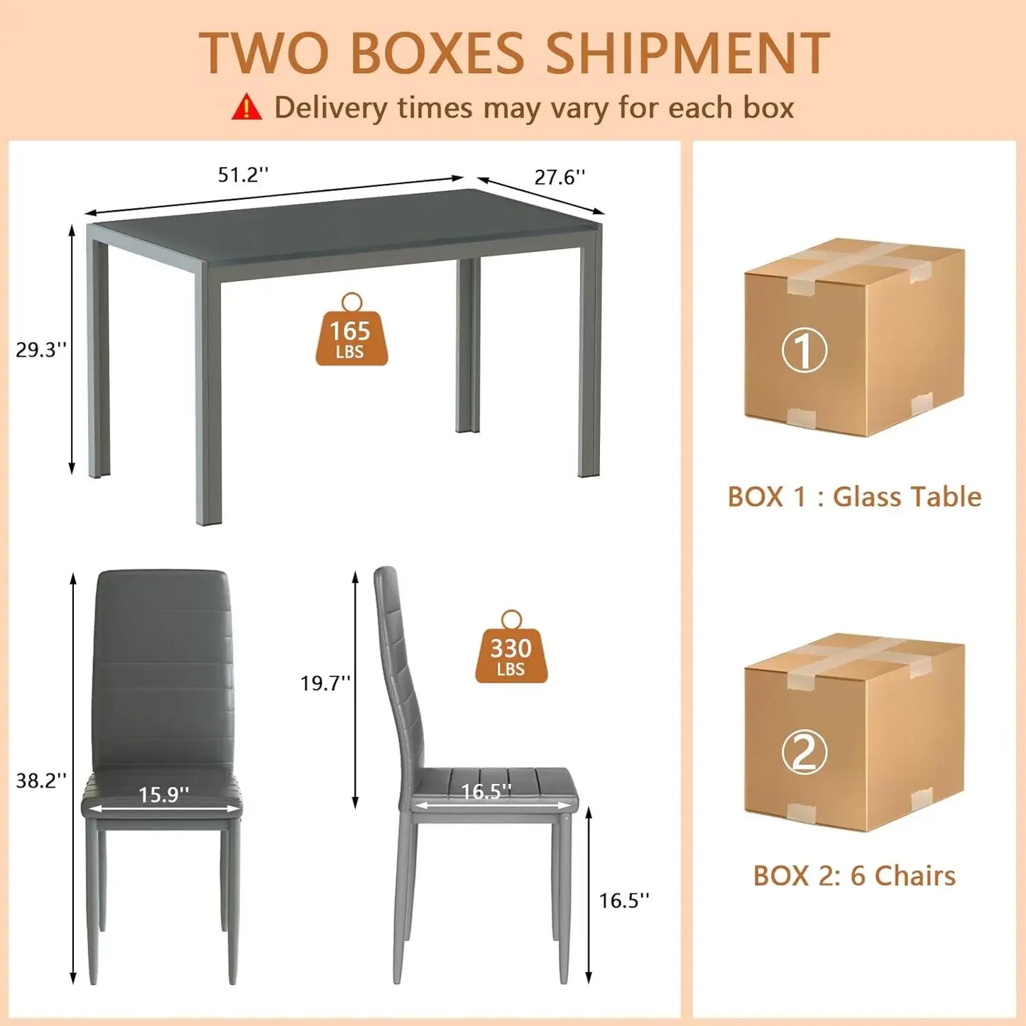 Piece Kitchen 6 Person, Tempered Glass Table and PU Leather Chairs Modern Dining Room Sets for Small Space, Grey