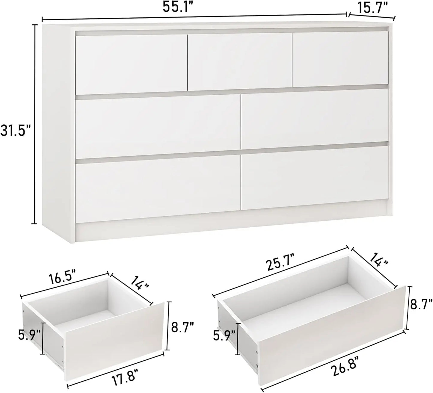 White for Bedroom, 55 Inch Long Dresser High Gloss Dresser with 7 Drawers, Modern Large Wood Chest of Drawer Handle