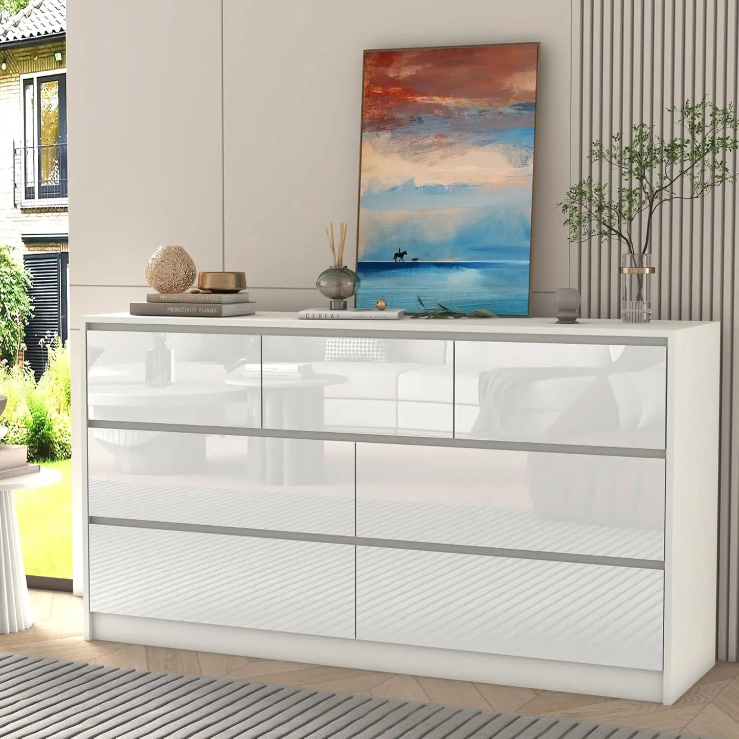 White for Bedroom, 55 Inch Long Dresser High Gloss Dresser with 7 Drawers, Modern Large Wood Chest of Drawer Handle