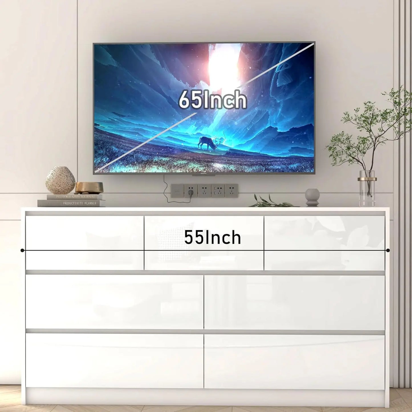 White for Bedroom, 55 Inch Long Dresser High Gloss Dresser with 7 Drawers, Modern Large Wood Chest of Drawer Handle