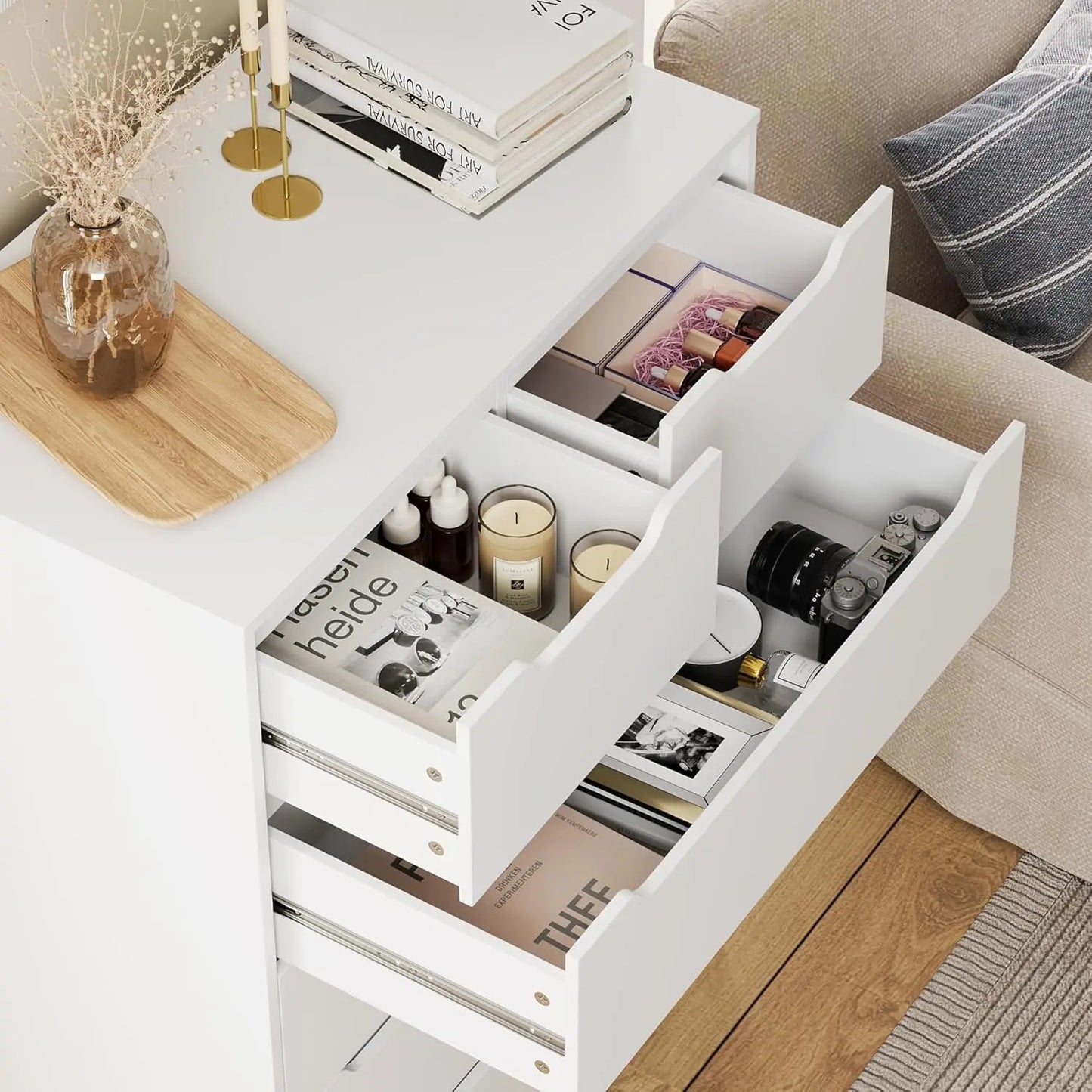 Modern 6 Drawer Dresser for Bedroom, Tall Chest of Drawers with Storage, Large Wood Storage Chest Organizer with Cut-Out