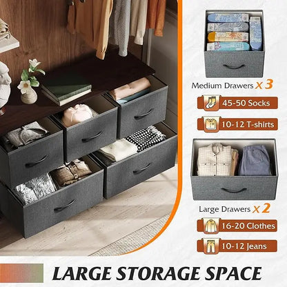 Dresser for Bedroom with 5 Drawers, Wide Chest of Drawers, Fabric Dresser, Storage Organizer Unit with Fabric Bins for Closet, L