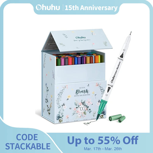 Ohuhu Art Markers Dual Tips Line Marker Set WaterColor Pen Coloring Water Color Brush Fineliner Painting Drawing School Supplies