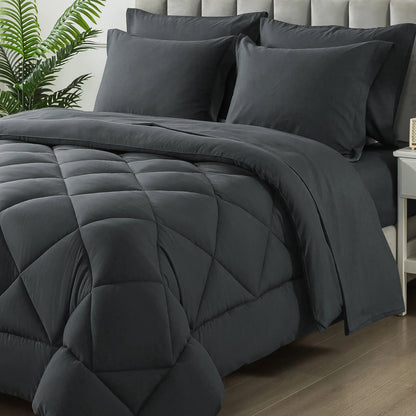 5-7 Pieces Bed in a Bag, Bedding Sets with All Season Soft Quilted Lightweight Comforter, Flat Sheet, Fitted Sheet Machine Washa