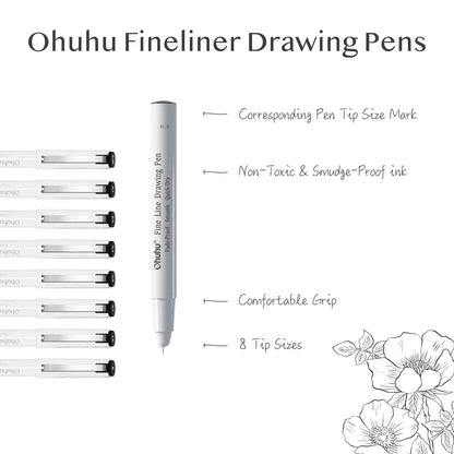 Ohuhu Micro Pen Fineliner Drawing Pens 8 Pack Line Pens Art Colored Pens Fine Point Markers Waterproof Writing Sketching Manga