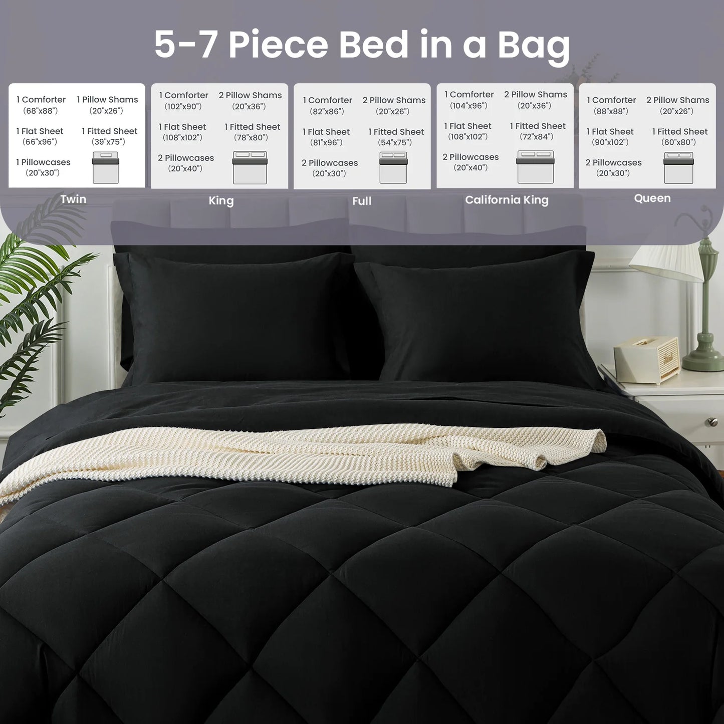 5-7 Pieces Bed in a Bag, Bedding Sets with All Season Soft Quilted Lightweight Comforter, Flat Sheet, Fitted Sheet Machine Washa