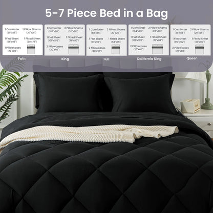 5-7 Pieces Bed in a Bag, Bedding Sets with All Season Soft Quilted Lightweight Comforter, Flat Sheet, Fitted Sheet Machine Washa