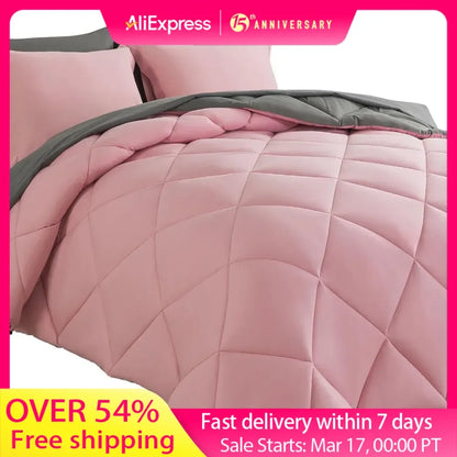 Comforter Sets 7pcs All Season Solid Down Bedding Sets with Comforter, Pillow Shams, Flat Sheet, Fitted Sheet and Pillowcases